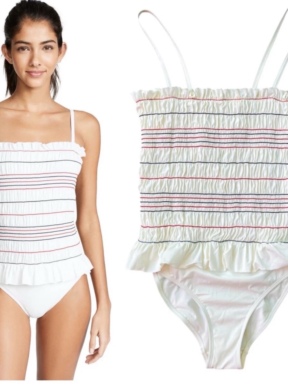 Tory Burch Cream Kids Smocked One-Piece Swimsuit with Pink & Blue Trim